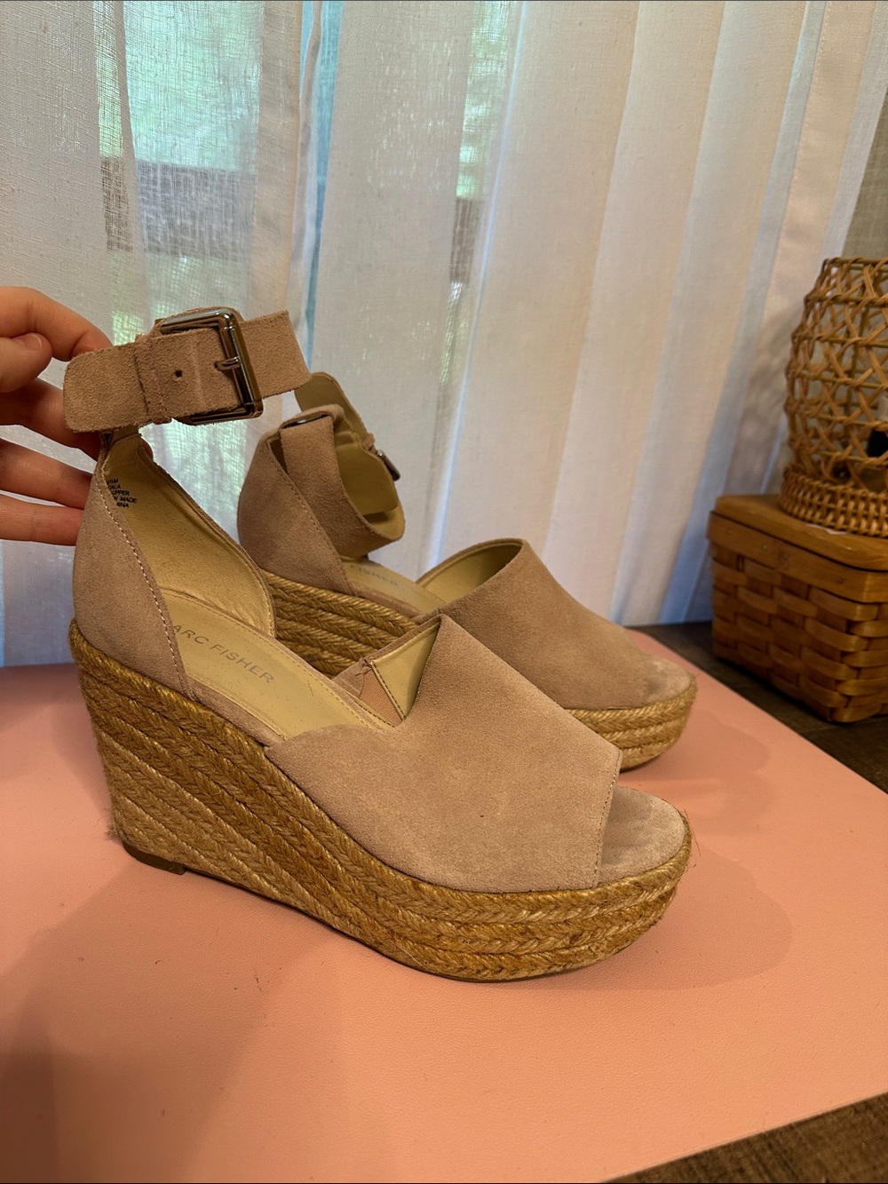 Marc Fisher Blush Taupe Suede Espadrille Wedge Sandals